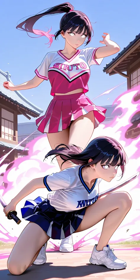 Masterpiece, newest, vibrant, very aesthetic, high contrast, mature woman, hinata hyuga, pony hair, straight hair, high ponytail long hair, white eyes, pink and white color cheerleader uniform (white color t-shirt, pink color platted mini skirt), white sne...