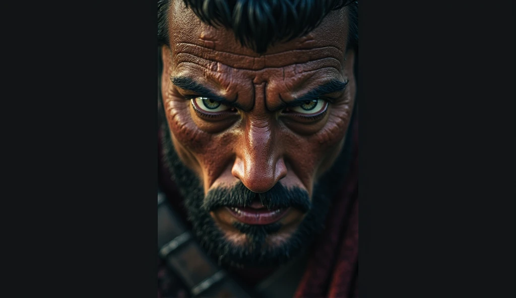 Close-up of a Persian warrior's terrified eyes, reflecting a monstrous shadow, cinematic lighting, high tension, ultra-realistic, dramatic depth of field, 4K, Hollywood-style