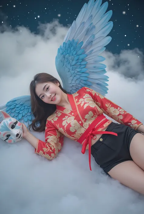 masterpiece, best quality, newest, absurdres, highres,very aesthetic,lens flare,depth of field,light particles,sharp focus
Photorealistic photogrpahed of young angel woman with light blue large feathered angel wing aerial shot , woman float on cloud surfac...