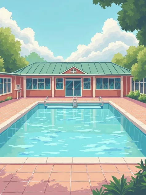 Image of a covered municipal swimming pool. Style clipart. The colors are pastel.