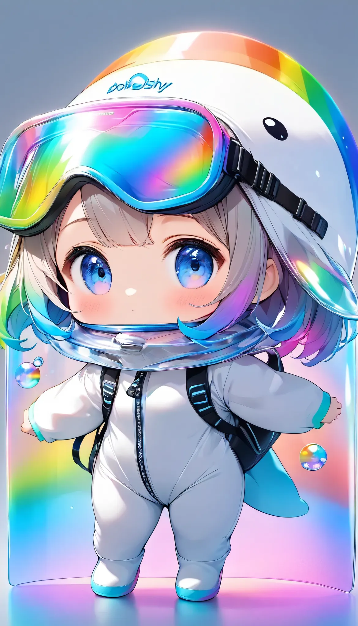 a young woman, solo, Dolshy, holographic background , transparent and colorful rainbow, maximum number of colors that can be output