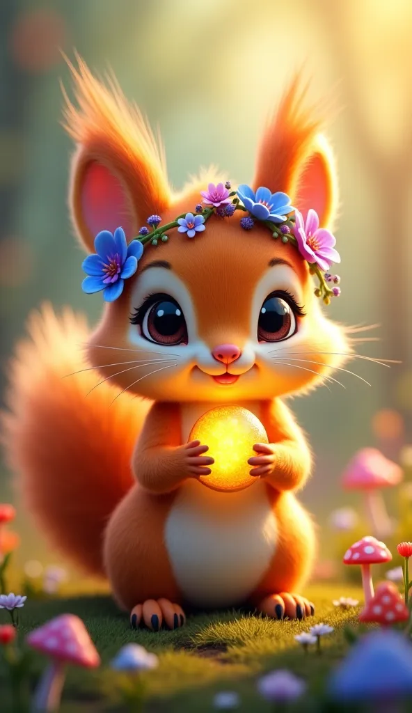 A cute, fantasy-style squirrel with soft, fluffy orange fur, holding a glowing golden nut with both paws. The squirrel wears a delicate floral crown made of blue and purple flowers, adding a whimsical and magical touch. It has big, shiny eyes full of wonde...