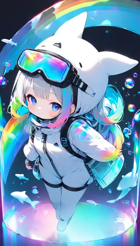 a young woman, solo, Dolshy, holographic background , transparent and colorful rainbow, maximum number of colors that can be output
