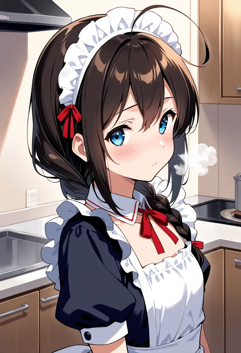 (masterpiece), 1girl, shigure(kantai collection), black hair, large braid, maid, indoor, kitchen, close up, blush, flat chest, visible air, ahoge, young