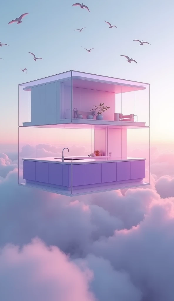 The house appears to be suspended in the sky, with the walls completely transparent, revealing soft clouds surrounding the space. White birds fly freely in the horizon, while the purple kitchen island reflects the changing glow of the sky with the sunset, ...