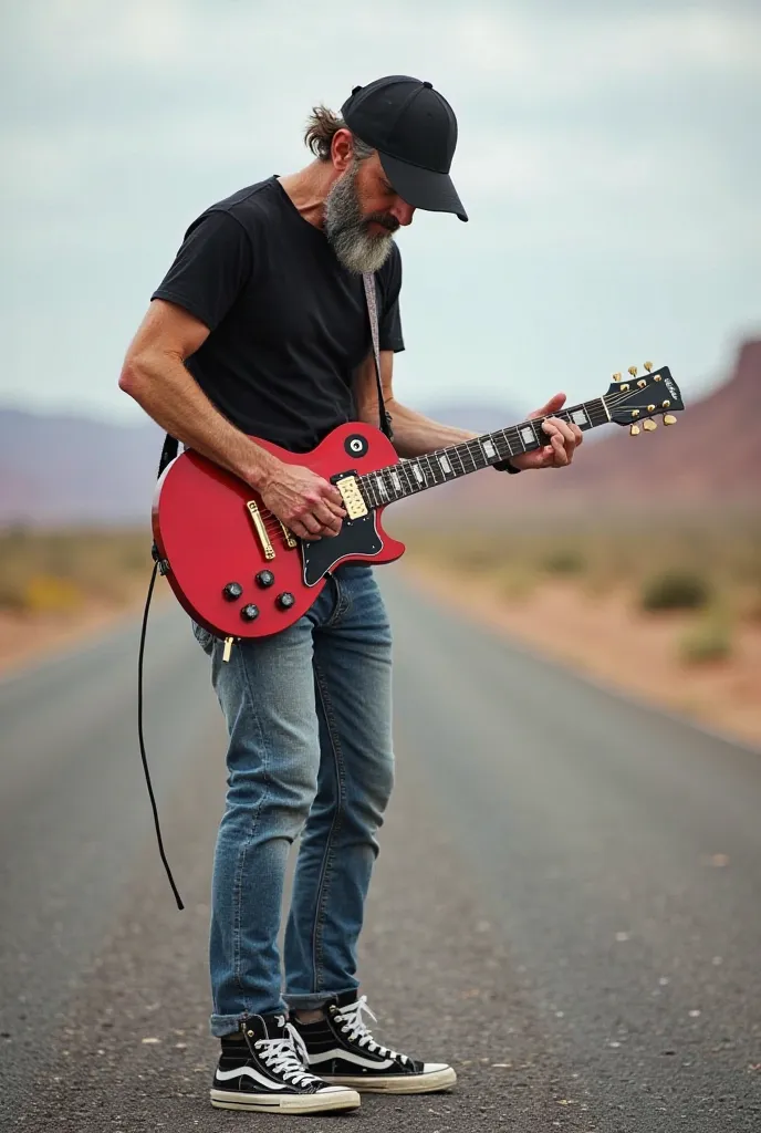 Create a skinny 40-year-old guitarist wearing a cap ,without a beard, short sleeve black shirt and all star jeans and sneakers Soldering a red Ibanez-style guitar in the middle of the asphalt in a deserted place
