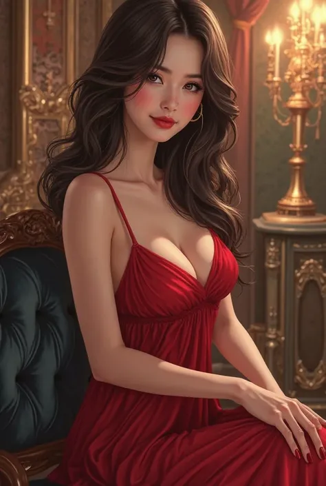 
Beautiful white girl, long hair, dark brown, straight face, posing model, sexy face, model wearing red dress, background is an anime luxury room. 