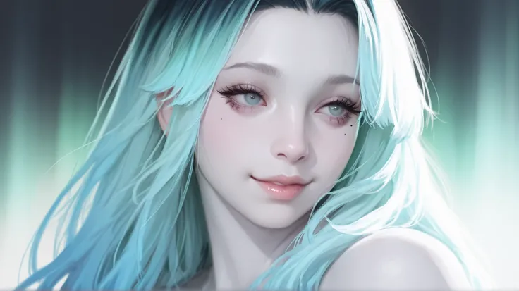  masterpiece, 最high quality, high quality, very aesthetic,    latest, 1 girl, Alone, longhair, Aurora colored hair,  long hair,  eyelashes, plump lips ,small mole under eye, pale skin,  portrait, nose, realistic, cinematic lighting,  white back , I'm not w...