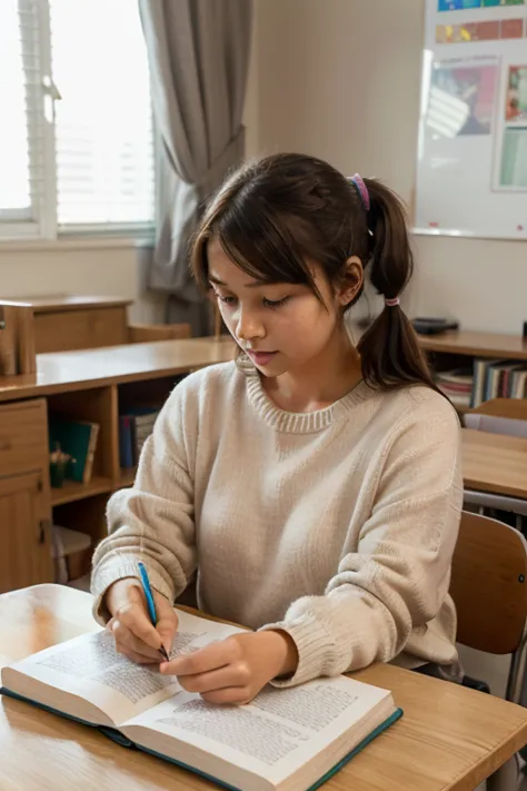 

“A  girl with neatly tied ponytails sits at a wooden desk in her cozy bedroom, deeply focused on her studies. She wears a soft pink sweater and a plaid skirt, holding a pencil in her small hands as she writes in her open notebook. Around her, colorful te...