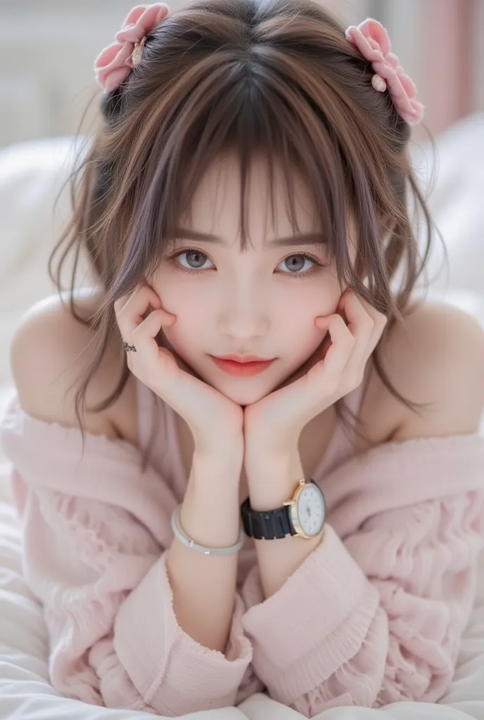 High-quality photo of a young girl,  portrait,  Japanese appearance , pink hair accessories,  lies on the bed with her back ,  big booty, watches are on hand looking at the camera, cute nose and brown eyes