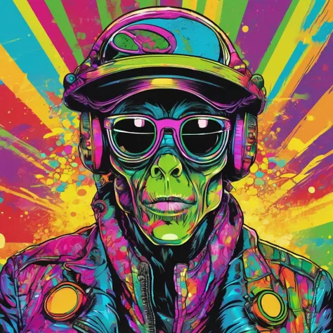 Alien pop art punk , of the front of the foot ,  wearing colored glasses, using a jacket, cap,  shock rays LED , From the front humanoid  , Art abstract,  in Alex Petruk style 