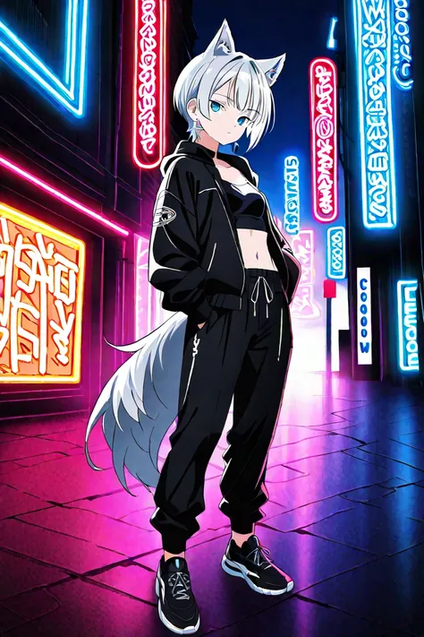  cool girl、cool、 expressionless、I'm wearing silver earrings、 hair is wolf-cut、I'm wearing cool black clothes、pants、style that makes fun of your feet、 small breasts 、I'm wearing a black jacket、 Silver Hair、Blue eyes、beautiful、night、neon lights