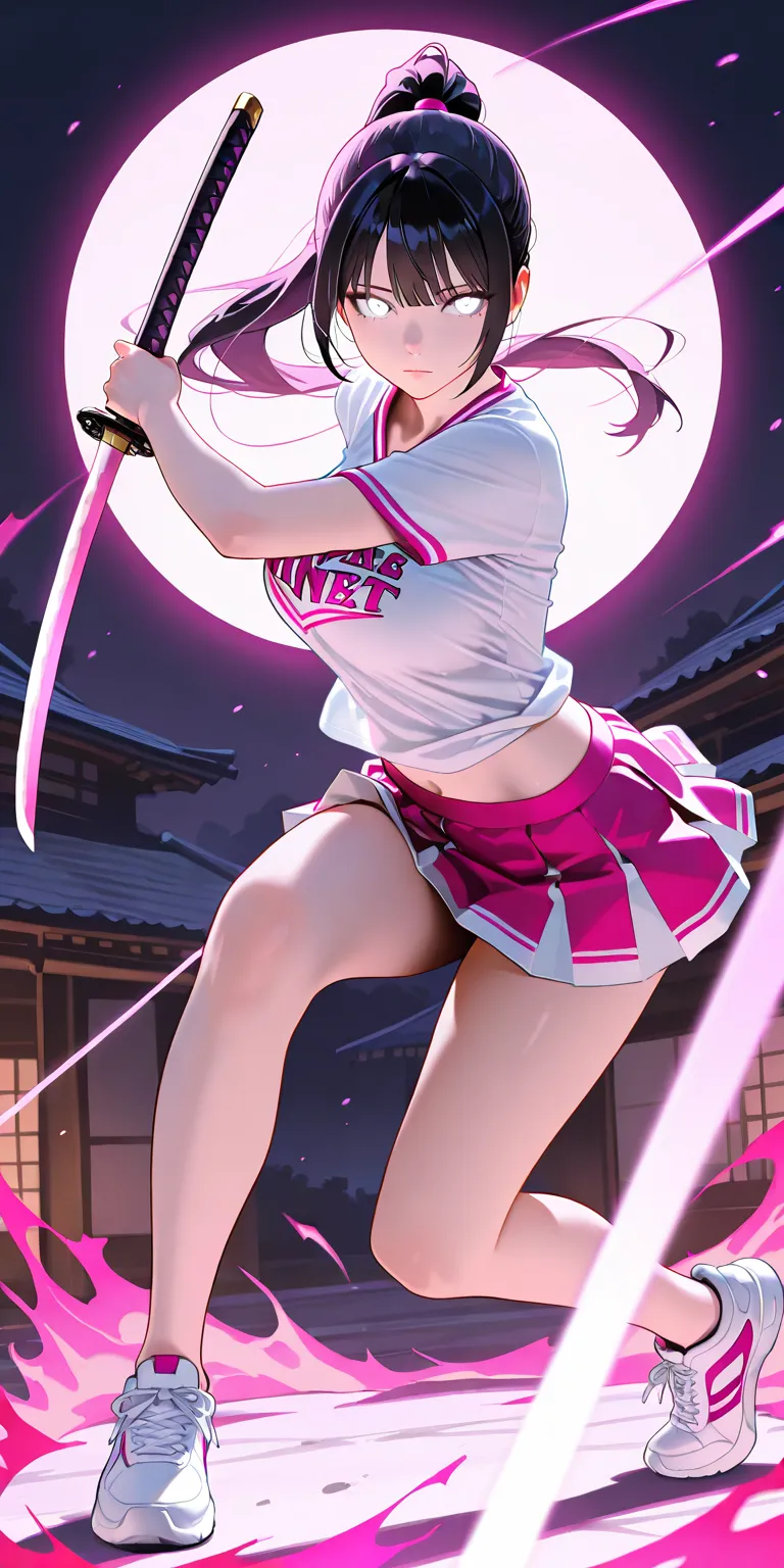 Masterpiece, newest, vibrant, very aesthetic, high contrast, mature woman, hinata hyuga, pony hair, straight hair, high ponytail long hair, white eyes, pink and white color cheerleader uniform (white color t-shirt, pink color platted mini skirt), white sne...