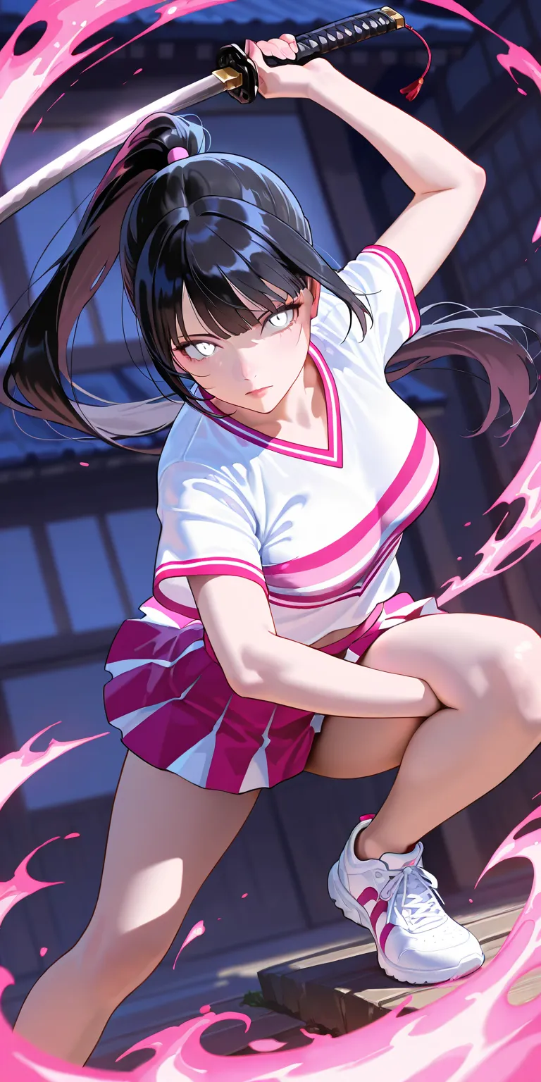 Masterpiece, newest, vibrant, very aesthetic, high contrast, mature woman, hinata hyuga, pony hair, straight hair, high ponytail long hair, white eyes, pink and white color cheerleader uniform (white color t-shirt, pink color platted mini skirt), white sne...