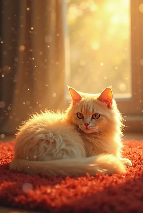 "An iridescent yellow cat, fluffy, lying curled up on the red carpet.  
 amber eyes, ears perched, surrounded by light yellow rays of the sun shining through the window."