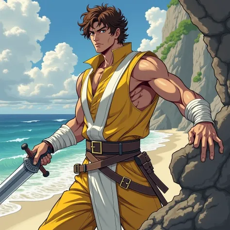 fantasy art, anime.  Precise.  30-Year-Old Men's , high, big and athletic body, sleeveless combat suit. The warrior costume has several shades of yellow and white., white straps, curly brown hair. He carries a sword in his hands and the other on his back. ...