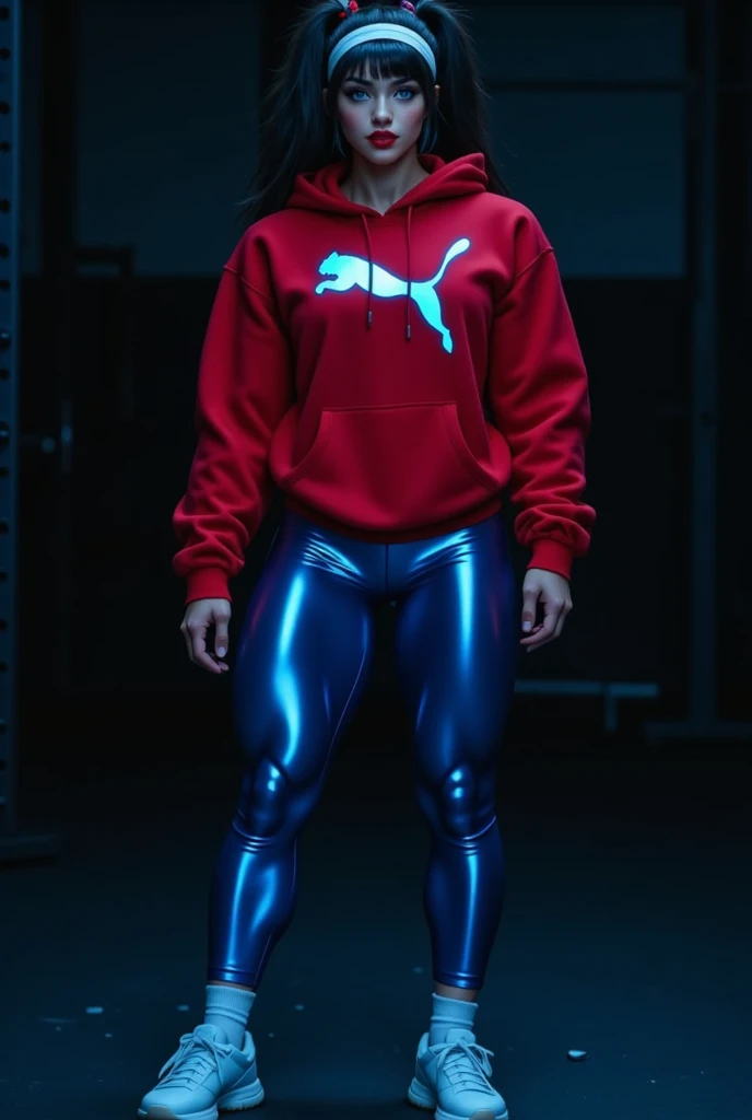 a photorealistic full body shot of beautiful woman with black hair, blue eyes and alabaster skin wearing a tight red hoodie with a neon blue puma logo and shiny neon blue metallic leggings.  the woman has huge muscles that stretch her clothes to their limi...