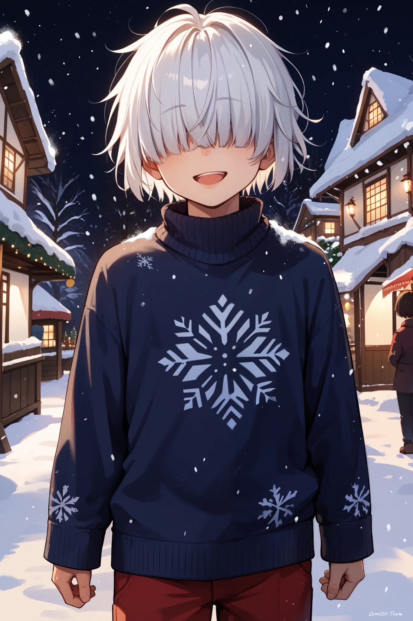 score_9_up, score_8_up, score_7_up, 1boy, solo, source_anime, , ((sfw, rating: general)), (, young boy) BREAK 

Messy hair, white hair, Bob cut, hair covered eyes BREAK 

Blue sweater, long sleeves, red pants BREAK 

Open mouth, smile, standing, facing vie...