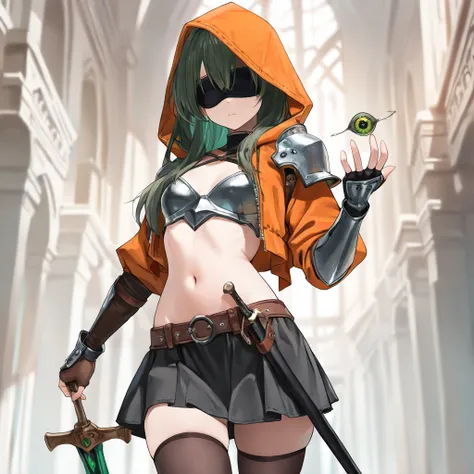 ((1girl,solo.darkgreen-long-hair,,orange-hooded-jacket,,petite Stature)),
(no eyes:1.3 ,blindfold:1.5),Two green artificial eyes fell to the ground. I searched around for the missing ones, scabbard carried on hip, navel, shoulder armor, brown corset, , thi...