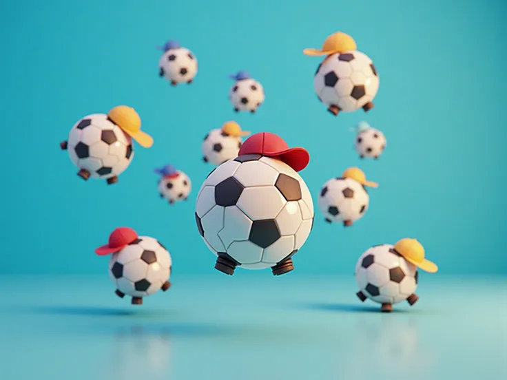 3d  Soccer balls of different size floating in the air, caps, different side angles, golden light, 3d, blue background, 8k, HD