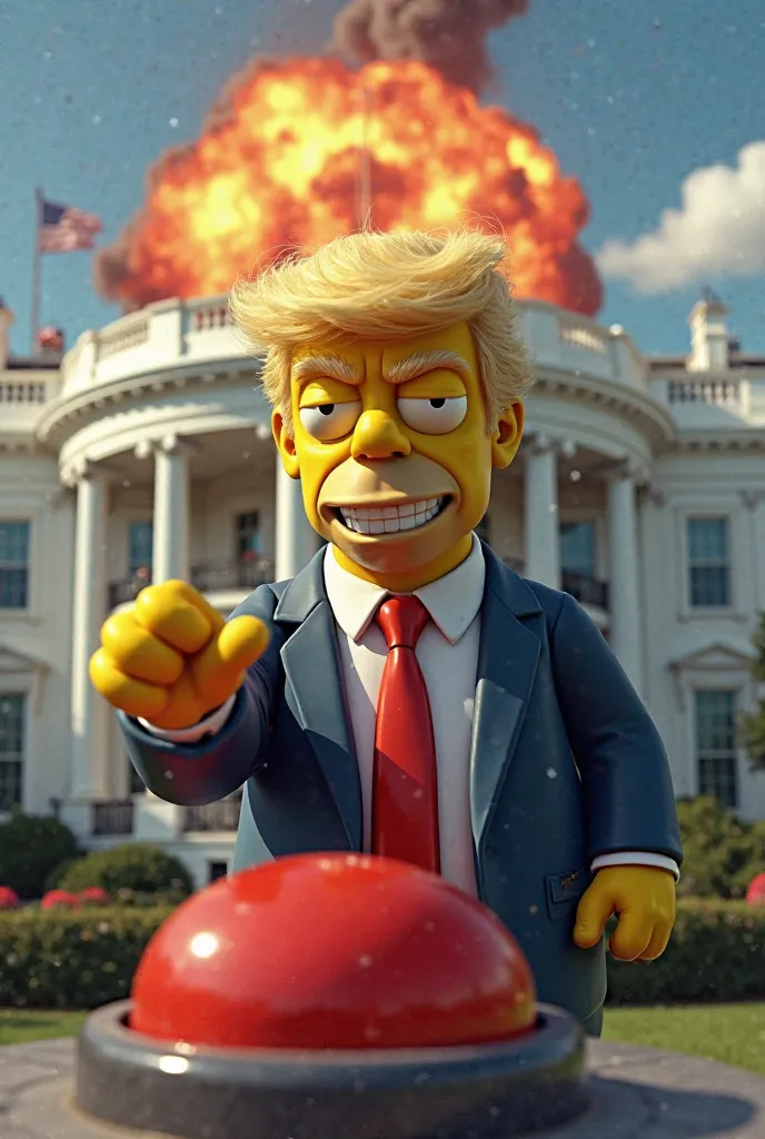 Donald Trump Simpson appuis un bouton rouge  pour une bombe (( devant la maison blance))