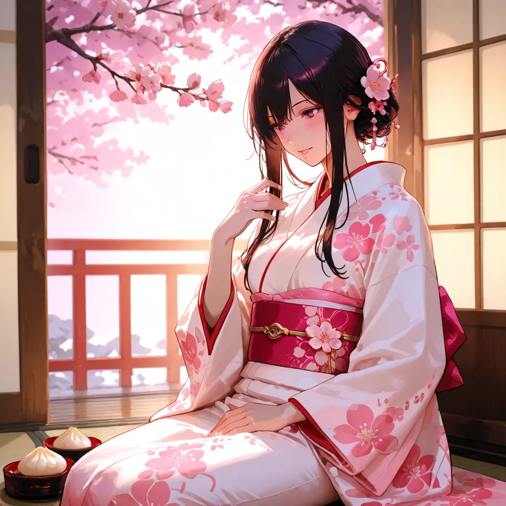 The season when peach blossoms bloom。Wear a beautiful kimono、An icon focusing on a dark-haired, bewitching woman eating dumplings。