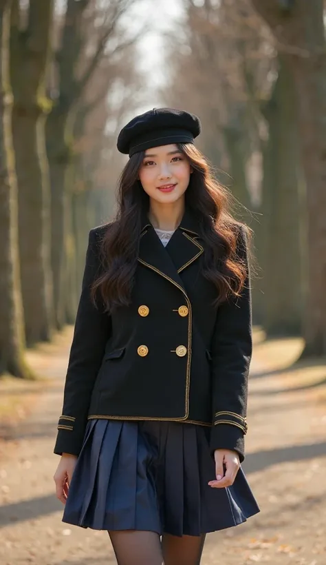 professional real photo realistic High definition fashion editorial photo from medium shot of a smiling 22 year old Korean young woman K-pop idol walking down a path lined with large trees in a historic European park, bathed in soft natural light. She wear...