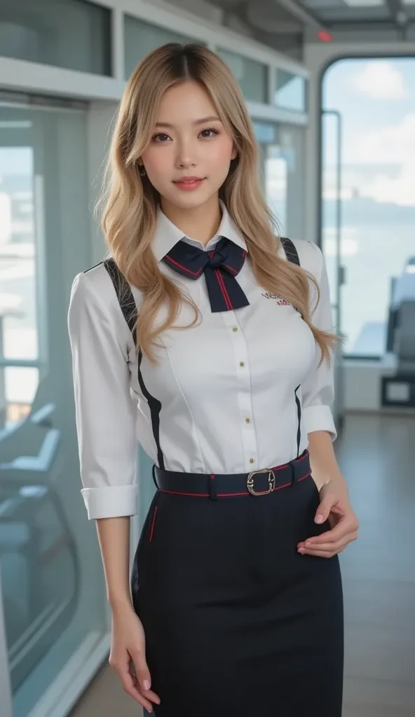 (( masterpiece,  top quality)), ( a sexy flight attendant ), Japan airlines, (Alone), ( focused on women), ( stupid hair , ,   Very long hair),  blond eyes ,    Light Smile ,  Open Your Mouth, Large breasts and deep neckline、(( transparent flight attendant...