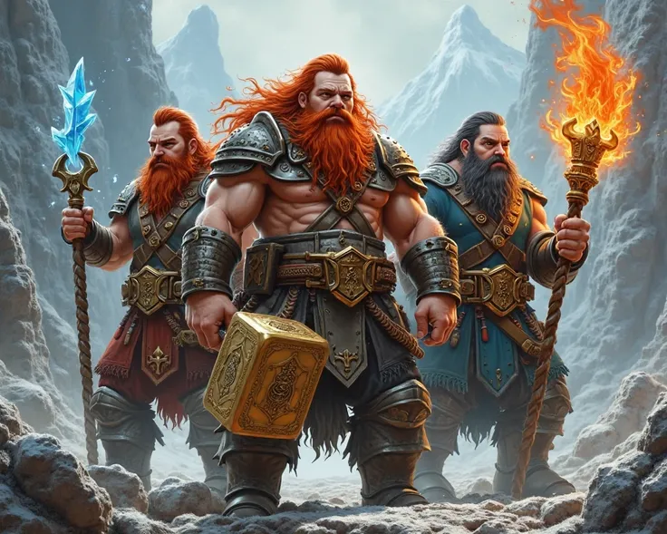 three strong and muscular young dwarves with red hair and long beards, one was a warrior with a golden sledgehammer in his hand, the other two were wizards, one with a fire staff and the other with an ice staff 