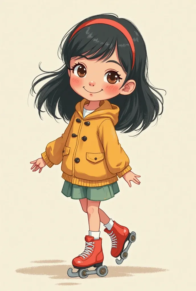 A petite, breastless Disney cartoon girl with fair skin, long black hair with a headband, laughs brown eyes with inline skates. 