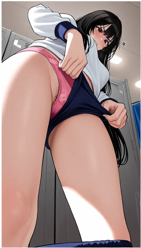 (beautiful girl : 1.3),1 girl,(White gym clothes, Long Sleeve,Take off the dark blue buruma,Pink panties, pubic hair), black hair,long hair,anger, abusive,changing room, taken from below,masterpiece,Highest quality,Ultra High Definition,rich contrast,HD,8k...