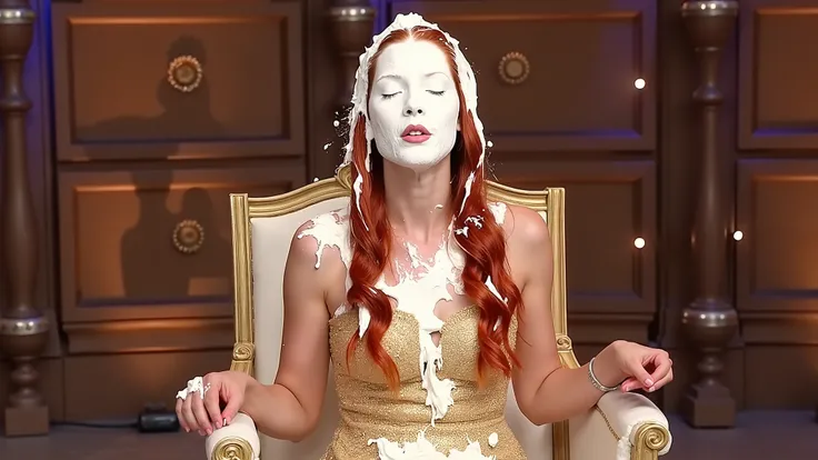 A beautiful 18-year-old girl with long red hair, wearing a gold formal dress and gold strappy high heels, sitting in a chair on a gameshow.  She has been pied several times and her entire face including her eyes, nose and mouth is completely obscured by a ...