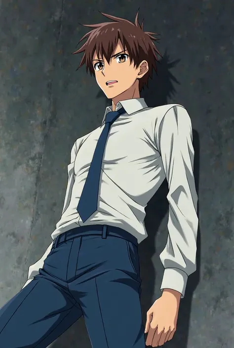 A man who was killed with a gunshot wound and wore white and blue clothes, wore a tie, had brown hair, and his visual type was anime and was around , and made various expressions and faced left