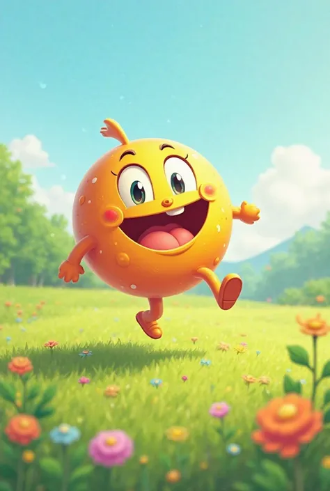 A cheerful, animated ball with eyes and a big grin, bouncing on a soft grassy field with colorful flowers. Happy ren and a friendly dog watch in excitement