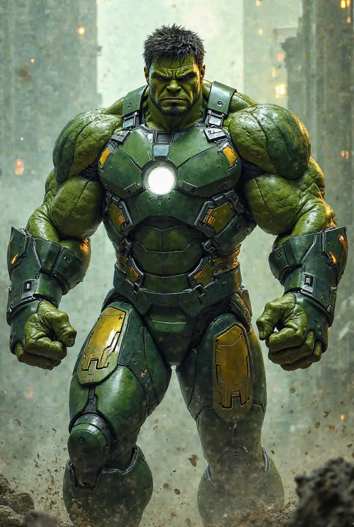 (Create a character who is a hybrid of Iron Man and the Hulk, merging the brilliance and technological mastery of Iron Man with the immense strength, resilience, and uncontrollable rage of the Hulk. This character wears an advanced, specially designed suit...