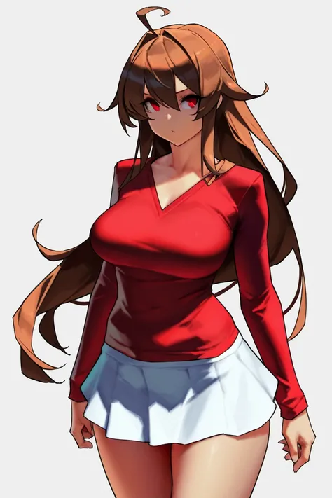 eu03, 1girl, long hair, ahoge, brown hair, medium breasts, red shirt, long sleeves, solo, white background, cowboy shot, white skirt, red eyes, v neck, 