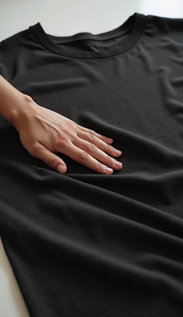 A black T-shirt fully spread out on a table, the t-shirt positioned upside down. A hand is gently touching or feeling the fabric, as if inspecting it. The scene is well-lit, with soft shadows enhancing the texture of the fabric and the hand