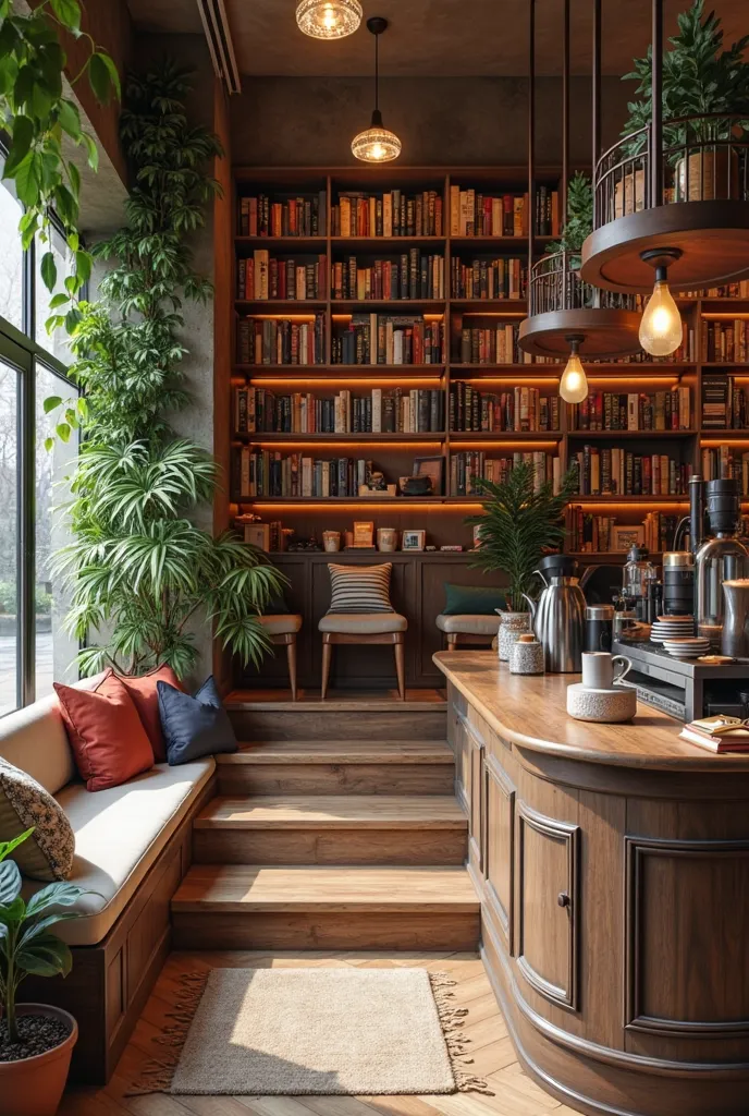 Make an inferior design of a coffee shop that surrounded by a books and their’s stairway that people can sit and that stairway has a pillows (don’t include any people in the picture and make a coffee counter) 