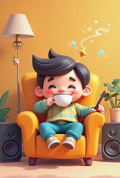 A young cartoon character sits on a chair and drinks coffee and holds a mobile phone and Bluetooth speakers 