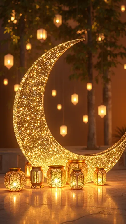 Golden Elegance Luminous Lanterns Adorning a Decorative Crescent Moon for Maulid Celebrations