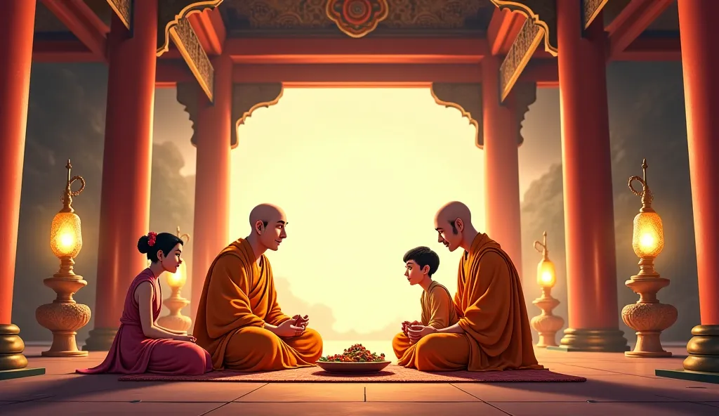 Inside a grand ancient house, a wise Buddhist monk with a bald head and a calm, gentle expression sits cross-legged on the floor, wearing traditional saffron robes. Beside him, his 20-year-old disciple sits attentively, also in simple robes. A wealthy man,...