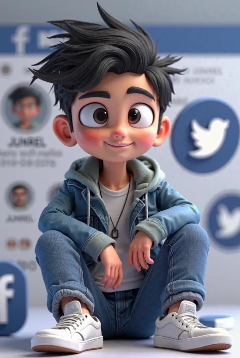 3d animated character with black hair male face with mole in forehead sitting casually surrounded by social media logo Facebook. The character must wear casual modern clothing such as jeans jacket and sneakers shoes. The background of the image is social m...