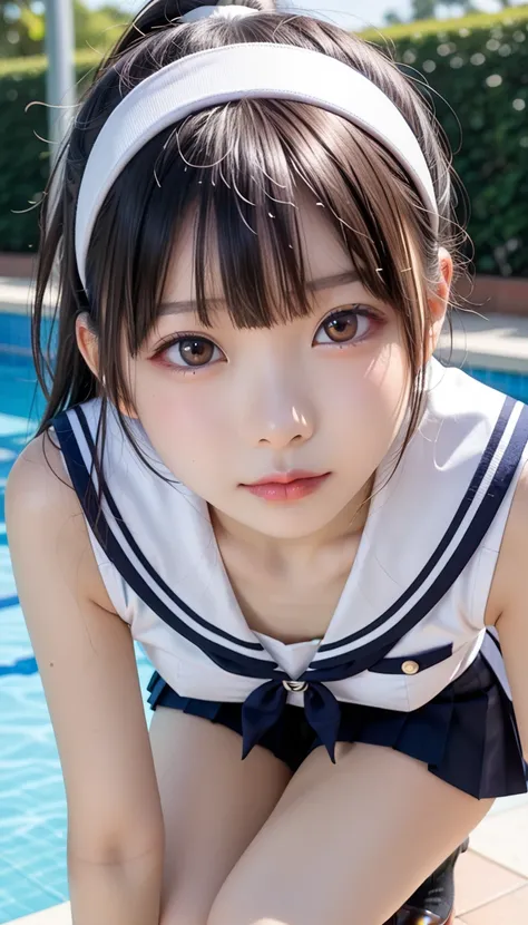 A Japanese woman in uniform is crouching in an indoor pool、 Tying up hair、((( indoor pool、face close-upビュー、 lower breast close-up 、face close-up、face zoom up)))、break (round face、cute type、slightly rounded face ,beautiful eyes, brown eyes,  double eyelids,...