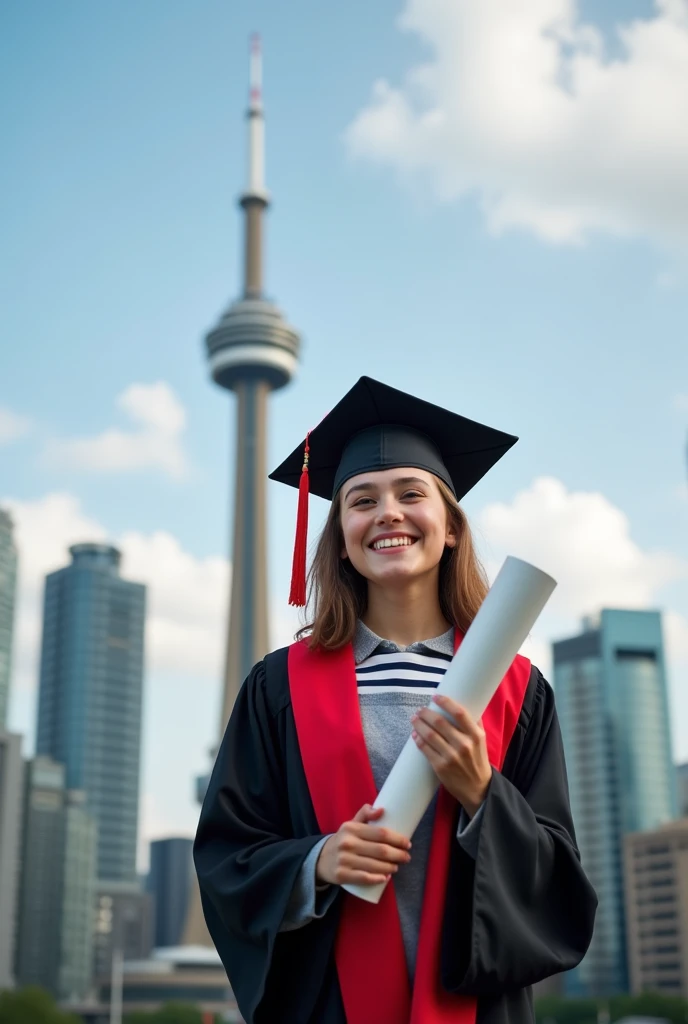 Create a realistic 4K image of a happy girl standing in front of the CN Tower in Canada.She is wearing a graduation gown and cap, with the CN Tower depicted on her graduation cap.The girl is holding a rolled-up certificate in one hand, expressing joy and a...