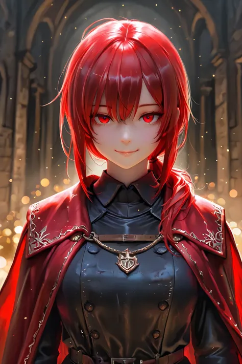masterpiece, best quality, detailed eyes, semi realistic, 8k, girl, pure, emotionless, red low ponytail hair, red eye, foggy, black medieval luxury uniform with red accessories, red fluffy cape, looking down at viewer, shiny particles, side pose, smile, lo...