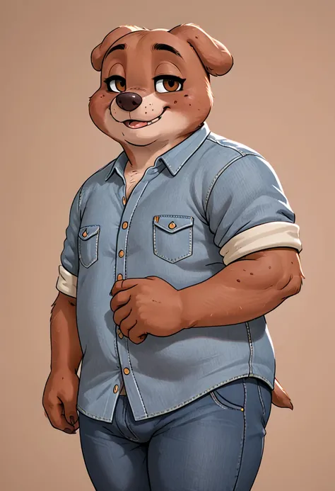 Male mole with good big thighs and brown and cream-colored fur and nice brown eyes and wears a denim shirt and pants and is an adult.