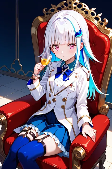 ,lh1, (pink eyes:1.5), (white hair:1.5), (blue hair:1.2), multicolored hair, two-tone hair, colored inner hair, blunt bangs, long hair, hair ornament, safety pin, white shirt, white jacket, long sleeves,  bracelet, pleated skirt, blue skirt, frilled skirt,...