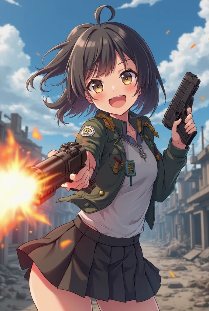 adult，woman，1 person，medium hair，cute， anime style，battlefield，gun，Random Shooting，The young lady is stupid laughing，