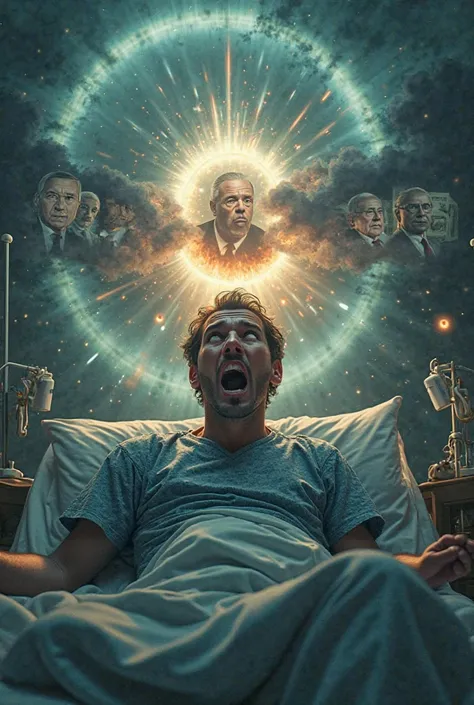 A dramatic and intense thumbnail for a YouTube video about a Near Death Experience (NDE) prophecy. The image features a shocked man in a hospital gown, sitting in a hospital bed, looking terrified as if he just had a vision. Behind him, a glowing portal wi...