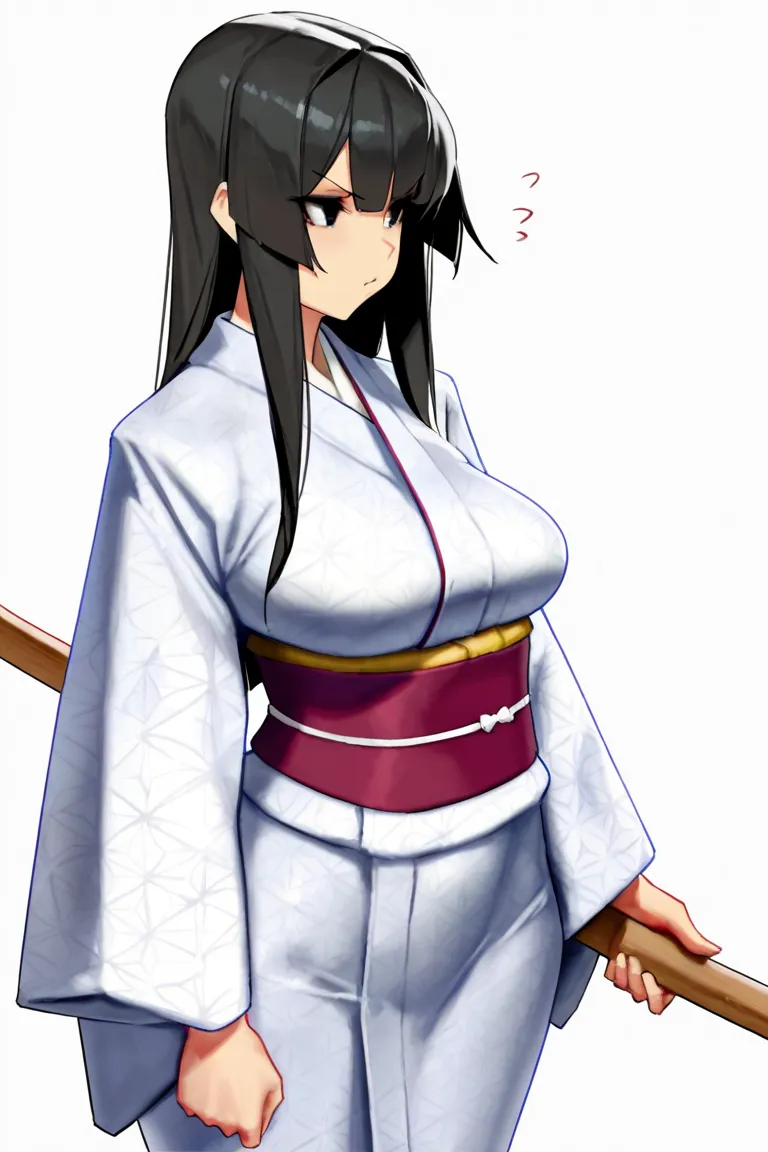 eu03, 1girl, long hair, black hair, medium breasts, kimono, long sleeves, solo, white background, cowboy shot, japanese clothes, black eyes, wooden sword, straight hair, tsundere